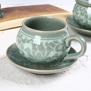 Round Celadon Arabesque Tea Cup with Saucer