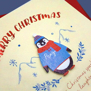 Merry Christmas Wooden Penguin - Greeting Card