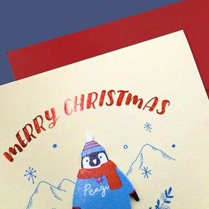 Merry Christmas Wooden Penguin - Greeting Card