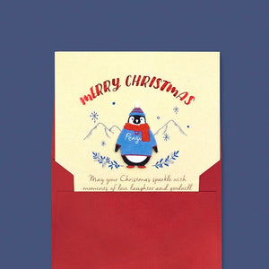 Merry Christmas Wooden Penguin - Greeting Card